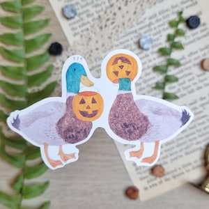 Trick-or-Treat Ducks - Matte Vinyl Sticker // halloween, mallards, pumpkin, jack-o&#39;-lantern, spooky, illustration, gouache, laptop, kawaii