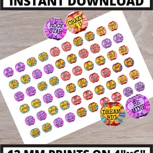 May include: A sheet of 48 colourful 12 mm round stickers with various phrases and designs. The stickers feature a rainbow colour scheme with pink, yellow, blue, and purple. The phrases include "Rock Star", "Crazy 4 U", "Be Mine", "Hug Me", "Text Me", "Cutie Pie", "Love You", "True Love", "My Baby", "Dream Big", "Soul Mate", "Good Vibes", and more.