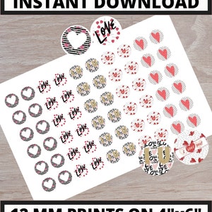 INSTANT DOWNLOAD 12mm I Heart U Love Hearts cute Designs in Red, Black, Pink, Black, White colored Pattern Circle Template