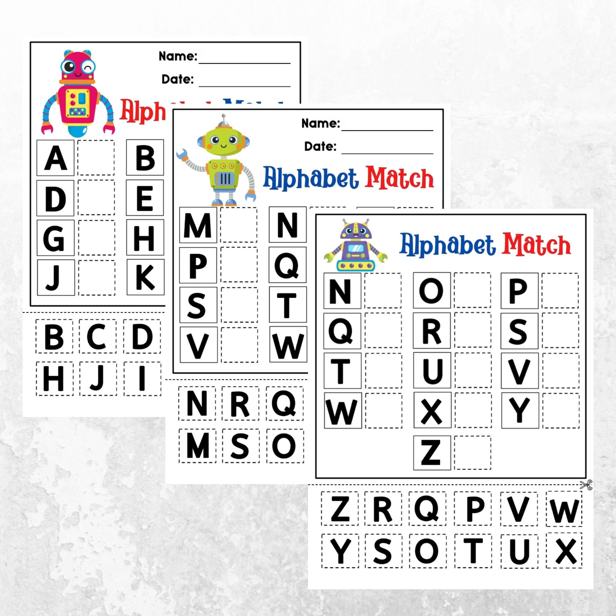 alphabet match cut paste worksheets with robots for etsy australia