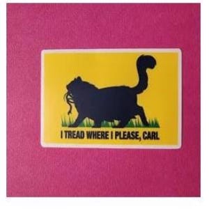 May include: A rectangular sticker with a yellow background and a black cat silhouette walking on green grass. The sticker has the text "I TREAD WHERE I PLEASE, CARL" in black. The sticker is on a pink surface.