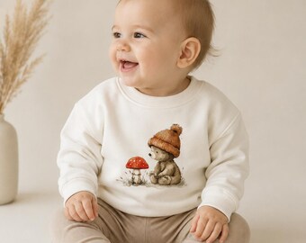 Babytrui met teddybeer en paddenstoelmotief | Handgemaakte trui | Unisex babykleding | Babycadeau | Herfstoutfit voor baby's | Crème trui