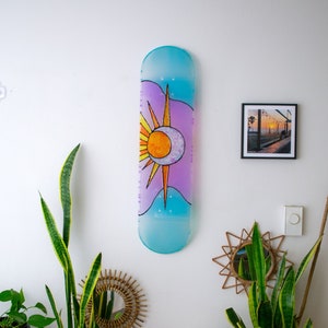 Sun & Moon Stained Glass Skateboard, Skateboard Art, Resin Artwork, Unique Wall Art, Clear Skateboard, Stained Glass Art, Skateboard Decor