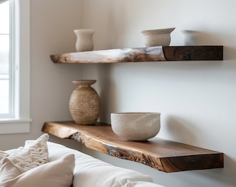 Walnut Live Edge Floating Shelf: Handcrafted Solid Wood Design