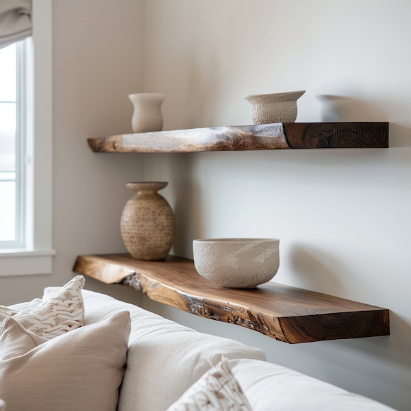 Walnut Live Edge Floating Shelf: Handcrafted Solid Wood Design