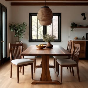May include: A dining room set featuring a rectangular wooden table with a pedestal base, surrounded by four wooden chairs with upholstered seats. A woven pendant light hangs above the table. A vase of flowers and a bowl of lemons are on the table.