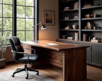 The Calloway Live Edge Walnut Desk: Black Walnut Slab desk with Built-In Storage