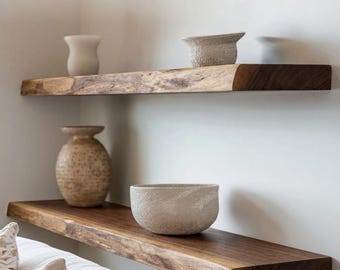 Walnut Live Edge Floating Shelf: Handcrafted Solid Wood Design