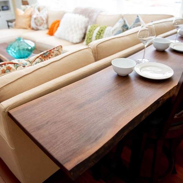 The Hepburn Live Edge Walnut Sofa Table: Handcrafted Wooden Bar Top Design