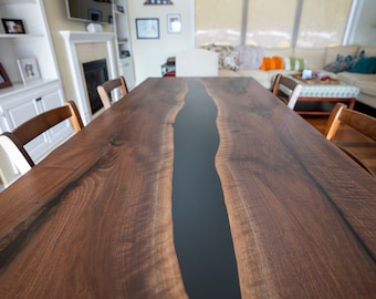 Walnut Dining Table, Dining Table For 6, Wood and Epoxy Table, Modern Dining Table, Resin Table, Epoxy Dine Table, Black Epoxy