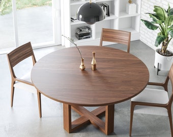 Round Walnut Cross Base Dining Table