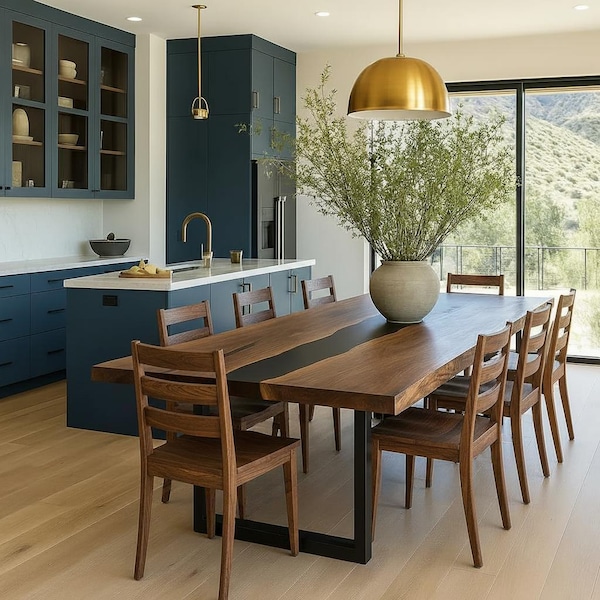 Mesa de comedor de nogal epoxi: diseño moderno de resina y madera maciza