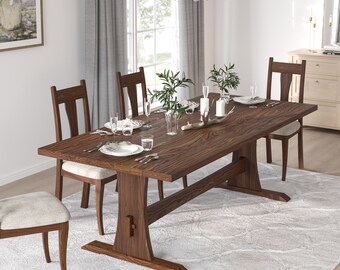 Trestle Dining Table With Chairs Set, Wood Dining Table, Upholstered Dining Chairs, Dining Room Set, Wood Dining Chairs, Walnut Dining Set