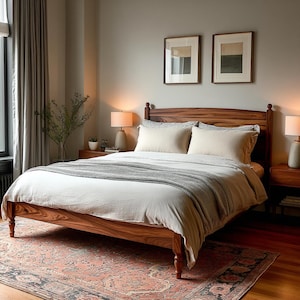 May include: A wooden bed frame with a headboard, dressed with white bedding and pillows. A gray throw blanket is draped across the foot of the bed. Two framed pictures hang above the bed. Two lamps sit on the nightstands. A patterned rug is on the floor.