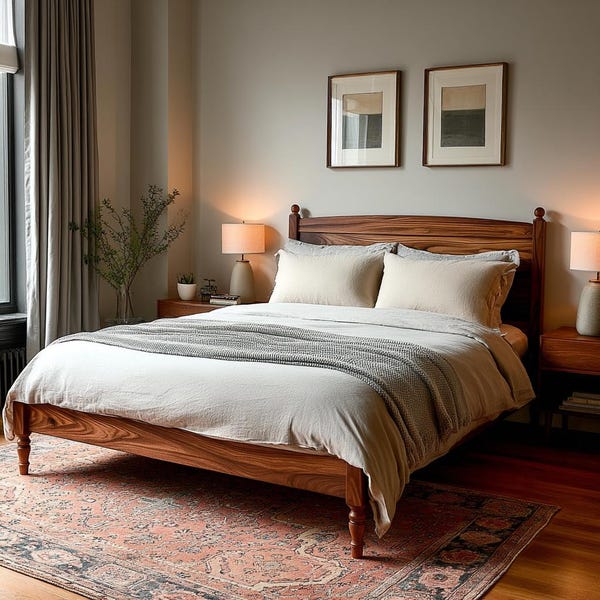 La estructura de cama Oliver: diseño atemporal con patas torneadas de madera maciza