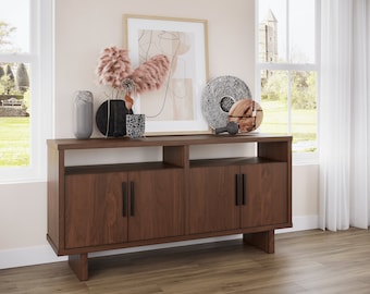 Handcrafted Modern Open Top Shelf Wooden Dining Room Buffet Table, Custom Made with Cherry, Maple, White Oak, or Walnut