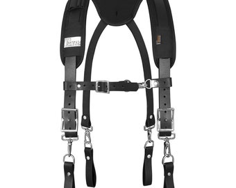 Black Leather Work Suspenders | Adjustable Padded Tool Belt