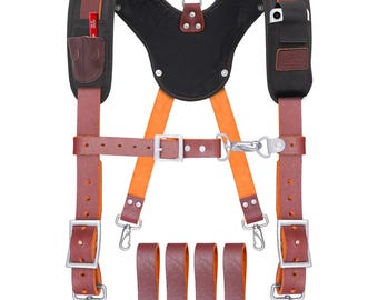 Maroon Leather Tool Belt Suspenders | Padded Work Suspenders with Cell Phone Pocket