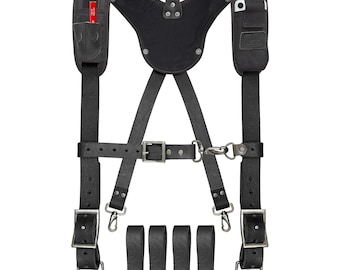 Black Leather Tool Belt Suspenders | Padded Work Braces with Cell Phone Pocket