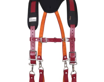 Trutuch Maroon Leather Work Suspenders | Fully-Adjustable Padded Leather Tool Belt Suspenders | Carpenter | Construction | Framers
