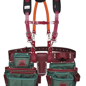 TRUTUCH Green Nylon and Leather Tool Belt with Leather Work Suspender | Framing Tool Bags | Leather Tool Belts | Leather Work Suspender