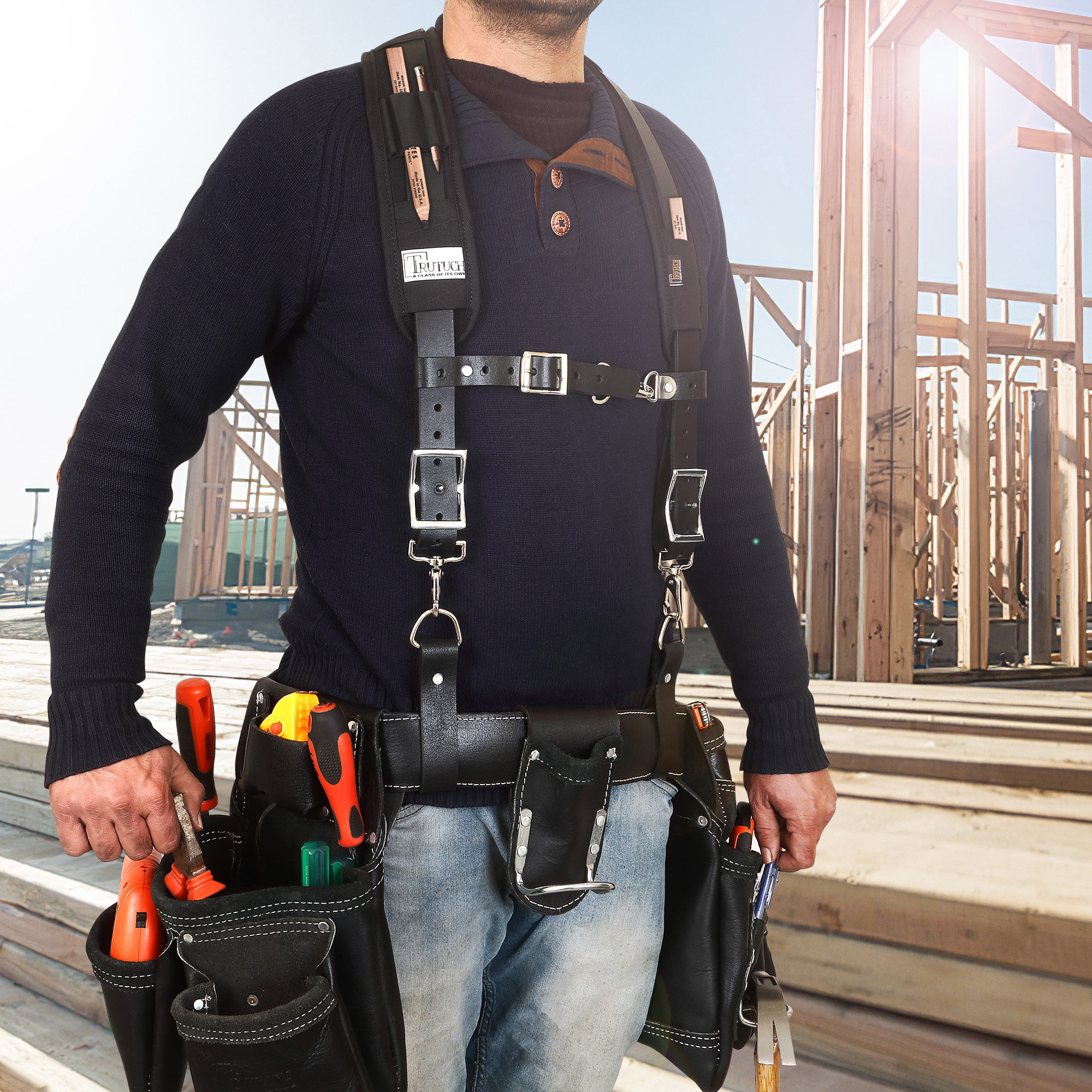 Trutuch Black Leather Work Suspenders With Pockets Adjustable Padded