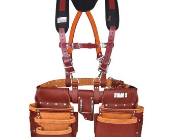 Maroon Leather Tool Belt with Work Suspender | 17 Pocket Carpenter Pouch