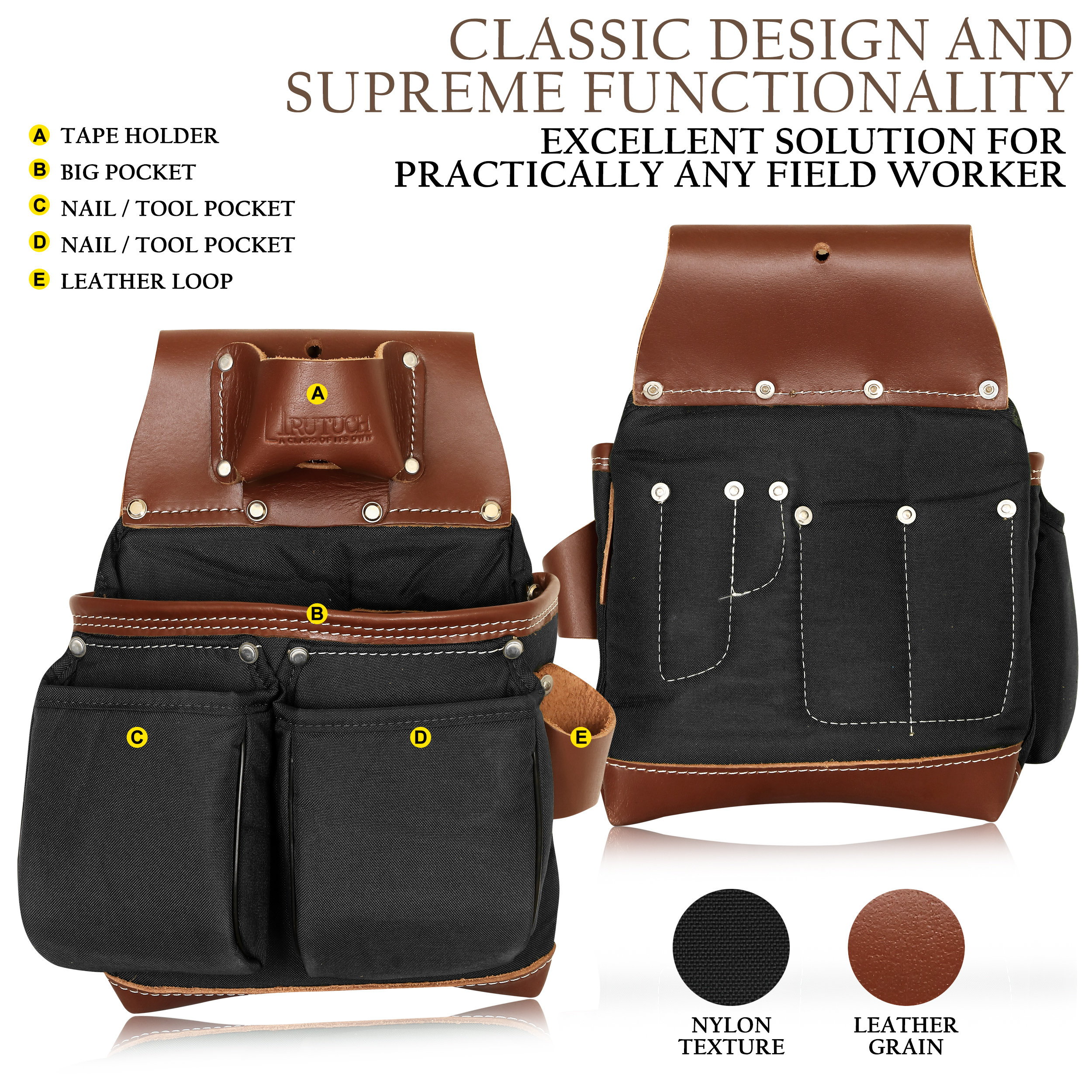 TRUTUCH Nylon and Leather Tool Belt Framers Tool Bags Nylon Tool Pouch