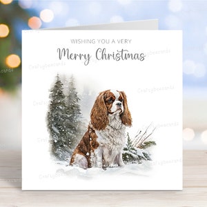 Carte de Noël Cavalier King Charles Spaniel (Blenheim), carte de voeux de chien « Joyeux Noël », scène d'hiver festive, 6 x 6 po