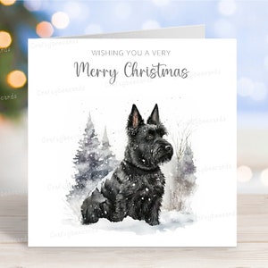 Carte de Noël de Terrier écossais, belle carte de voeux festive de chien « Joyeux Noël », scène de neige d'hiver amusante, 6 x 6 po, blanc à l'intérieur