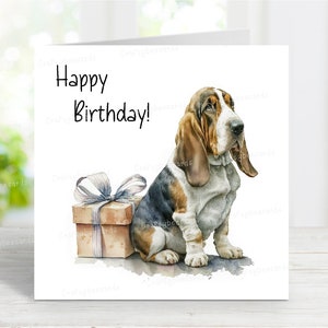 Cartão de aniversário de Basset Hound, cartão de feliz aniversário de cachorro fofo, 6" x 6", em branco por dentro