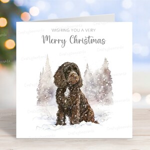 Carte de Noël Cockapoo (brun foncé), belle carte de voeux festive pour chien « Joyeux Noël », scène de neige hivernale amusante, 6 x 6 po, blanc à l'intérieur