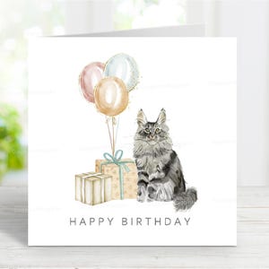 Carte d'anniversaire chat Maine coon (argent/gris), belle carte de voeux pour les amoureux des chats, 6 x 6 po