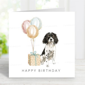 Biglietto di auguri di compleanno per Springer Spaniel inglese (bianco e nero), biglietto di auguri per cani, adorabile immagine ad acquerello, 6" x 6", interno vuoto