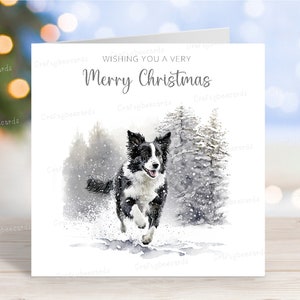 Carte de Noël Border Collie, belle carte de voeux festive pour chien « Joyeux Noël », scène de neige hivernale amusante, 6 x 6 po, intérieur vierge (2 modèles)
