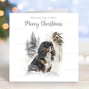 Carte de Noël Cavalier King Charles Spaniel (Tri), carte de voeux de chien « Joyeux Noël », scène d'hiver festive, 6 x 6 po