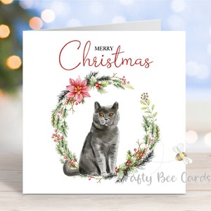 Kerstkaart Brits korthaar (blauw), kerstkaart 'Merry Christmas', feestelijke wenskaart, 6 x 6 inch