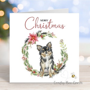 Carte de Noël chihuahua (poil long), carte de voeux « Joyeux Noël », chien pour la fête, 6 x 6 po, modèle 2