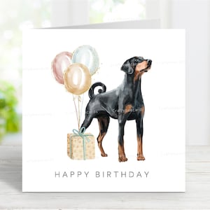 Cartão de aniversário Dobermann, cartão de felicitações divertido para cães, linda imagem em aquarela, 6" x 6", em branco por dentro