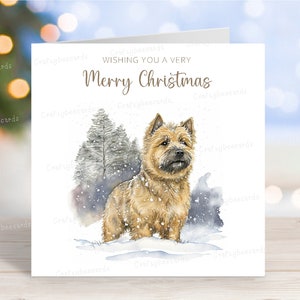 Carte de Noël Norwich Terrier, « Joyeux Noël », scène de neige festive d'hiver, carte de voeux de chien, 6 x 6 po, blanc à l'intérieur
