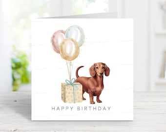 Dachshund (Smooth Haired Red) Birthday Card, Fun Dog Greetings Card, 6" x 6", Blank Inside