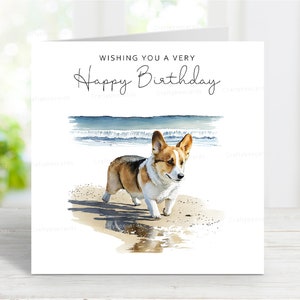 Carte d'anniversaire Corgi, belle carte de voeux de chien, scène de plage amusante, 6 x 6 po, blanc à l'intérieur