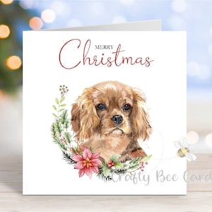 Tarjeta navideña con Cavalier King Charles Spaniel (Ruby), tarjeta de felicitación festiva para perros con el lema "Feliz Navidad", 6" x 6"