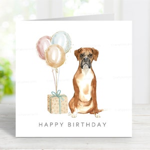 Tarjeta de cumpleaños de bóxer, divertida tarjeta de felicitación de perro, preciosa imagen de acuarela, 15 x 15 cm, interior en blanco