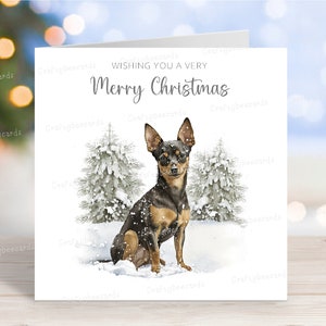 Carte de Noël pinscher nain, belle carte de voeux festive pour chien « Joyeux Noël », scène de neige hivernale amusante, 6 x 6 po, blanc à l'intérieur