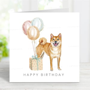 Cartão de aniversário Shiba Inu, cartão de felicitações divertido para cães, linda imagem em aquarela, 6" x 6", em branco por dentro