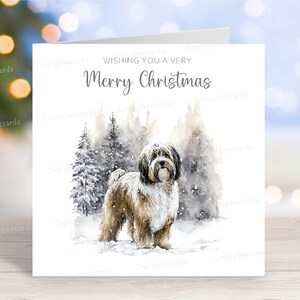 Carte de Noël terrier tibétain, belle carte de voeux festive pour chien « Joyeux Noël », scène de neige hivernale amusante, 6 x 6 po, blanc à l'intérieur