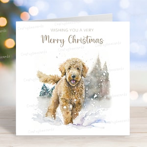 Goldendoodle-kerstkaart, 'Merry Christmas' feestelijke winters tafereel hondenwenskaart, 6 x 6 inch