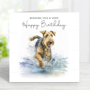 Verjaardagskaart Airedale Terrier, leuke hondenwenskaart, mooie aquarelafbeelding, 6 x 6 inch, blanco binnenkant