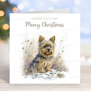 Tarjeta navideña de Yorkshire Terrier/Yorkie, encantadora tarjeta de felicitación navideña para perros, divertida escena de nieve invernal, 15 x 15 cm, interior en blanco